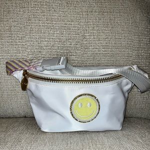 Stoney Clover Lane x Target White Fanny pack with Smiley Sticker Patch.